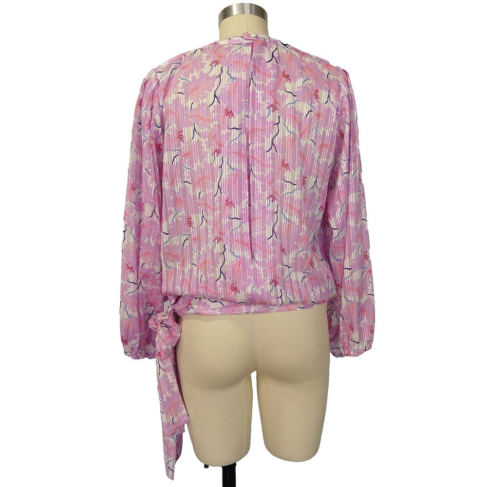 Vintage 80s Floral Blouse Size M Purple Georgette Bow Glam Long Sleeve Metallic - Picture 5 of 9